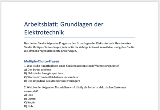 Alternativer Text: Ein Arbeitsblatt zum Thema Elektrotechnik mit Anweisungen zur Bearbeitung von Multiple-Choice-Fragen. Es enthält Fragen zu Kondensatoren und Materialien, die in elektrischen Systemen verwendet werden, sowie Optionen zur Auswahl der richtigen Antworten.