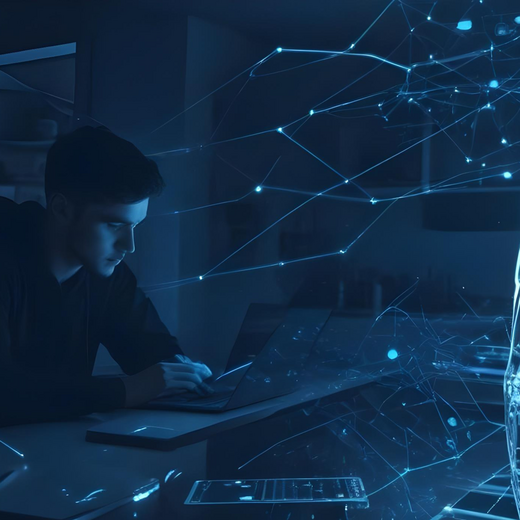 Ein junger Mann sitzt an einem Laptop und arbeitet konzentriert. Neben ihm ist eine stilisierte menschliche Figur dargestellt, die aus digitalen und technologischen Elementen besteht. Die gesamte Komposition vermittelt ein Gefühl von Fortschritt und Technologie.