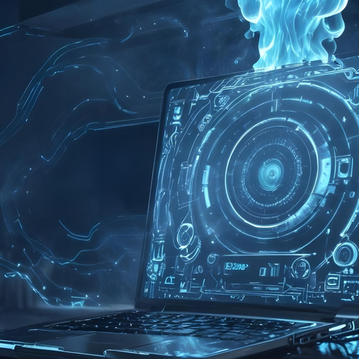 Ein moderner Laptop steht auf eine Arbeitsfläche in einer Küche. Vom Bildschirm geht ein bläuliches, futuristisches Licht aus, das eine digitale Schnittstelle zeigt. Der Hintergrund ist unscharf und zeigt Küchengeräte.