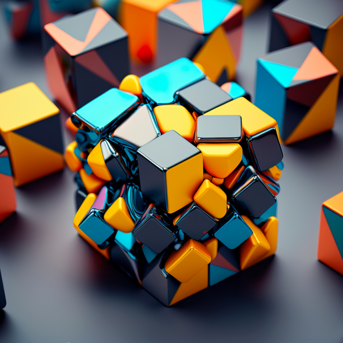 Eine Ansammlung von bunten, glänzenden Würfeln in schwarz, orange und blau ist chaotisch angeordnet. Die Würfel sind unterschiedlich ausgerichtet und einige sind miteinander verbunden, wodurch eine dynamische Komposition entsteht.