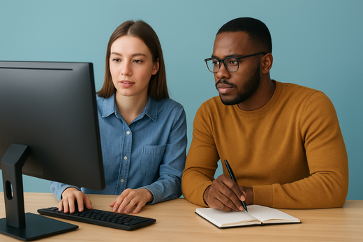 Zwei junge Erwachsene, eine Frau und ein Mann, sitzen gemeinsam an einem Schreibtisch vor einem Computer. Die Frau trägt ein Jeanshemd und schaut konzentriert auf den Bildschirm, während der Mann mit Brille und senfgelbem Pullover Notizen in ein Notizbuch schreibt. Beide wirken fokussiert und arbeiten zusammen in einer ruhigen, hellen Umgebung mit blauem Hintergrund.
