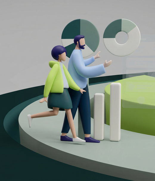 Zwei stilisierte Figuren stehen auf einer Plattform. Eine Figur in einem grünen Mantel und eine in einem blauen Hemd diskutieren neben grafischen Darstellungen, die Daten visualisieren. Im Hintergrund sind kreis- und säulenförmige Diagramme zu sehen, die eine Analyse oder Präsentation darstellen.