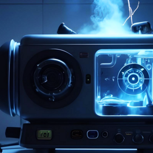 Ein futuristisch aussehendes Gerät mit einem transparenten Fenster, aus dem blauer Dampf aufsteigt. Innen ist ein Licht sichtbar, das den Eindruck von Aktivität oder Funktion vermittelt. Um das Gerät herum sind Küchenutensilien wie ein Kochtopf und eine Teekanne platziert.