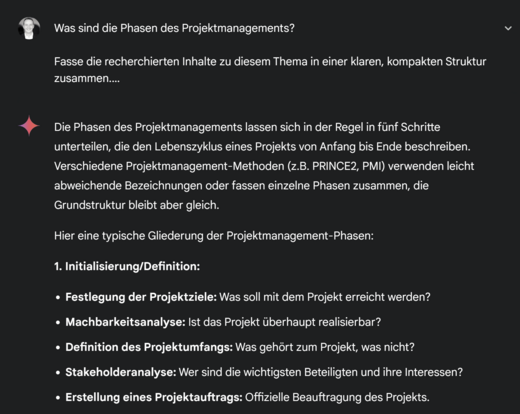 Der Text beschreibt die Phasen des Projektmanagements, unterteilt in fünf Schritte: 1. Initialisierung/Definition, 2. Festlegung der Projektziele, 3. Machbarkeitsanalyse, 4. Definition des Projektumfangs, 5. Stakeholderanalyse und 6. Erstellung eines Projektauftrags.