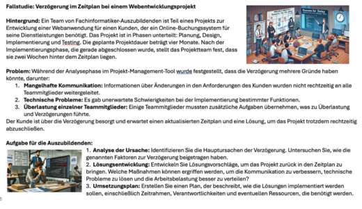 Fallstudie über Verzögerungen in einem Webentwicklungprojekt, das Hintergrund, Probleme in der Kommunikation und technische Herausforderungen beschreibt. Die Aufgaben umfassen die Analyse der Ursachen, das Entwickeln von Lösungsvorschlägen und die Umsetzung effektiver Maßnahmen zur Projektverbesserung.