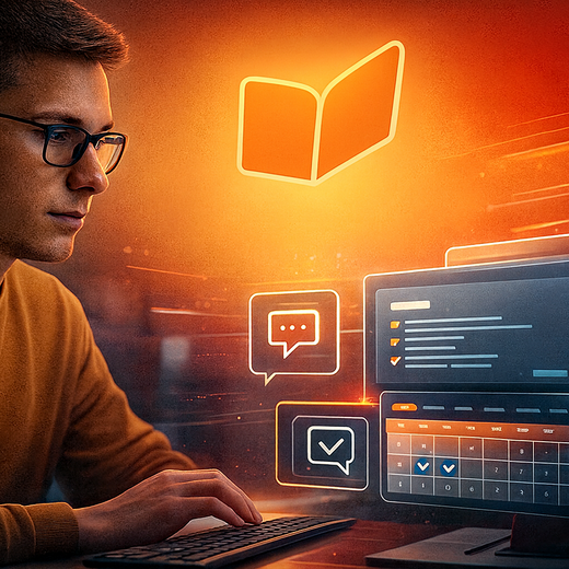 Eine Person arbeitet an einem Computer, umgeben von leuchtenden Symbolen für Chat, Aufgabenliste und Kalender