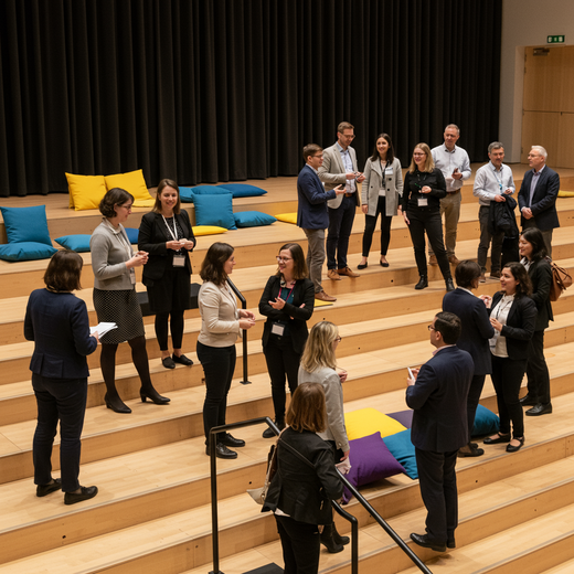 Zu sehen sind mehrere Teilnehmer:innen in einem modernen, lichtdurchfluteten Seminarraum