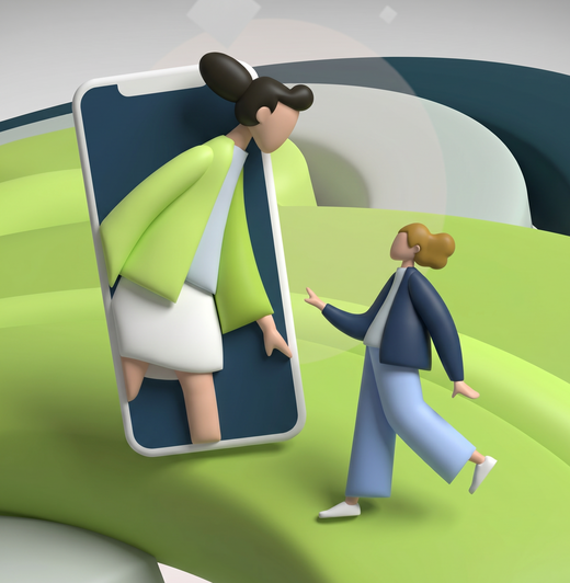 Eine stilisierte Darstellung zeigt zwei Figuren: Eine Person in einem grünen Oberteil, die aus einem Smartphone herausragt, und eine andere Figur, die in blauer Kleidung davor steht. Die Szene symbolisiert digitale Interaktion oder Verbindung.