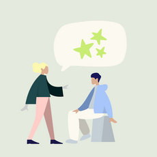 Ein Gespräch zwischen zwei Personen. Eine Person steht und hat blonde Haare, die andere sitzt und trägt einen blauen Pullover. Über ihnen schwebt eine Sprechblase mit grünen Sternen, die Gesprächsstimmung symbolisieren könnte.