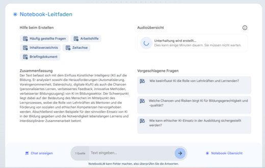 Ein Notizbuch-Leitfaden zur Unterstützung bei der Erstellung von Inhalten über Künstliche Intelligenz (KI). Es umfasst häufig gestellte Fragen, einen Inhaltsverzeichnis, sowie vorgeschlagene Fragen zu Chancen und Risiken der KI in Bildung und Lehrmethoden.