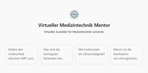 Virtueller Medizin-Technik Mentor: Ein digitales Ausbildungsprogramm für Lernende in der Medizintechnik. Enthält Fragen zu MRT, Ultraschallgeräten und Sterilisation in der Chirurgie.