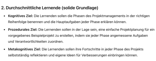 Die Grafik beschreibt die durchschnittlichen Lernziele im Projektmanagement. Es werden kognitive, prozedurale und metakognitive Ziele genannt, die Lerner dazu anregen, die Phasen des Projektmanagements zu benennen, eine Projektplanung zu erstellen und ihre Fortschritte zu reflektieren.
