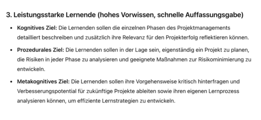 Der Text beschreibt Lernziele für leistungsstarke Lernende im Projektmanagement. Die kognitiven, prozeduralen und metakognitiven Ziele umfassen das Verständnis der Projektphasen, die eigenständige Planung und Analyse von Risiken sowie die kritische Reflexion des eigenen Lernprozesses zur Entwicklung effektiver Lernstrategien.