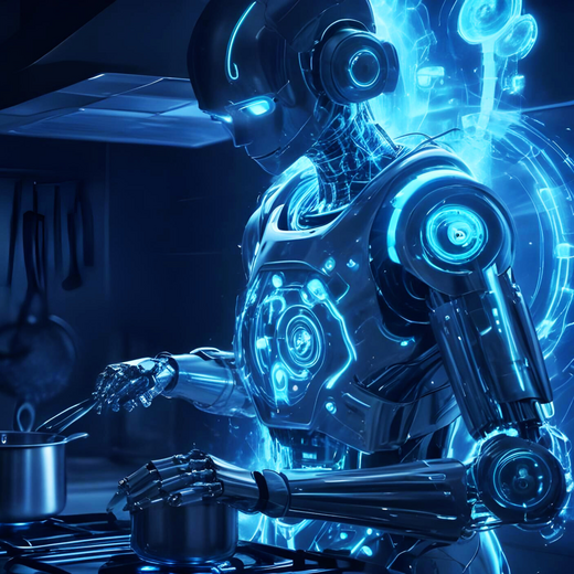 Ein futuristischer Roboter in blauer Neonbeleuchtung steht an einem Herd und rührt in einem Topf. Die Umgebung ist modern und leicht dunkel, was den Roboter hervorhebt. Die Szene vermittelt eine Atmosphäre des Kochens mit technologischem Fokus.