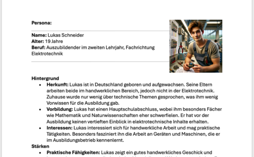 Das Bild zeigt ein Dokument mit Informationen über Lukas Schneider, einen 19-jährigen Auszubildenden im zweiten Lehrjahr der Elektrotechnik. Es umfasst persönliche Daten, seinen Hintergrund, Interessen sowie seine praktischen Fähigkeiten.